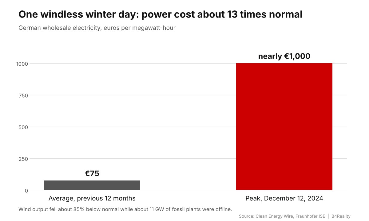 December 12, 2024: little wind, cold weather and fossil plants down for repairs sent prices soaring for a few hours.